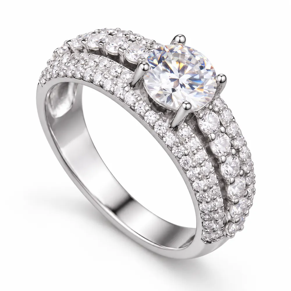 Round Solitaire Triple Pavé Moissanite Ring