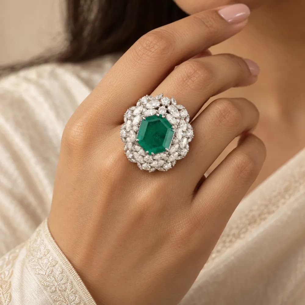 Royal Emerald Hexagonal Halo Moissanite Ring — second view