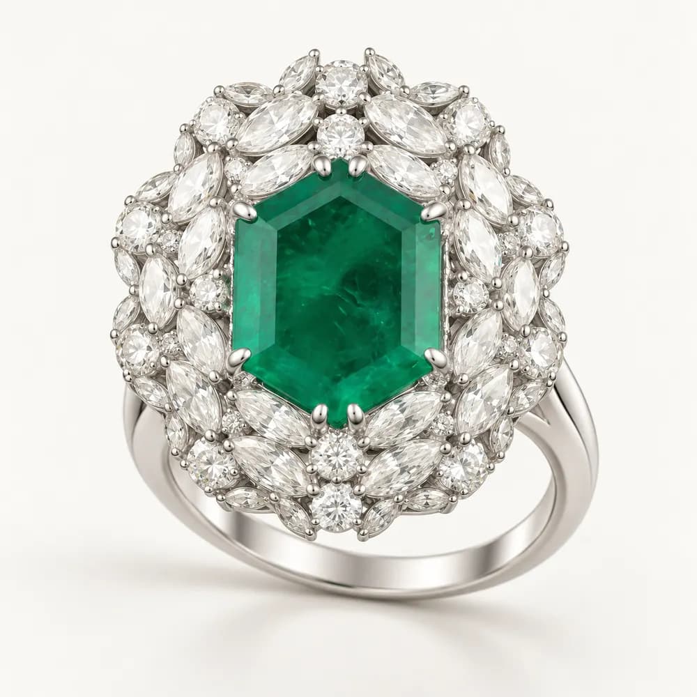 Royal Emerald Hexagonal Halo Moissanite Ring