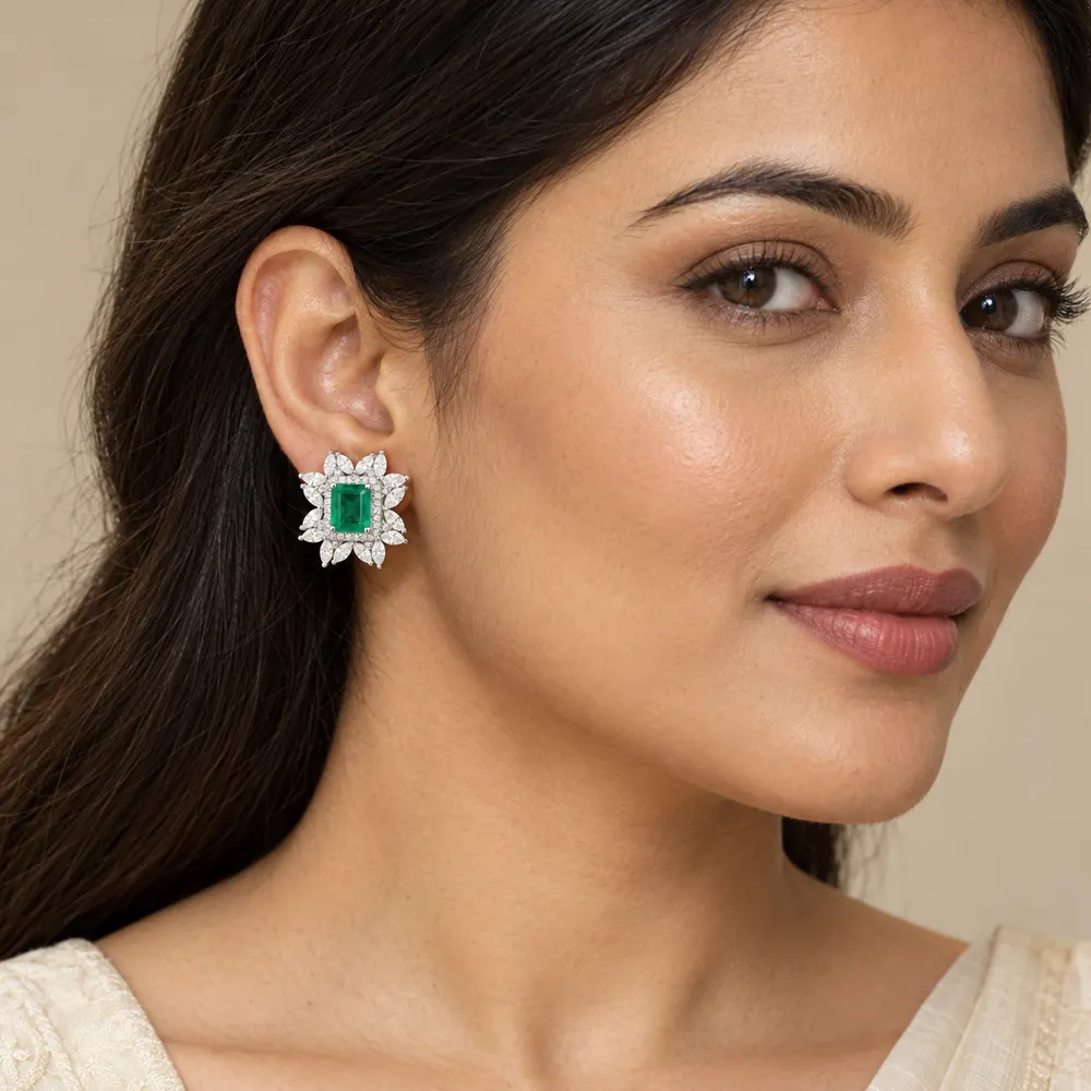 Royal Emerald Marquise Cluster Moissanite Stud Earrings — second view