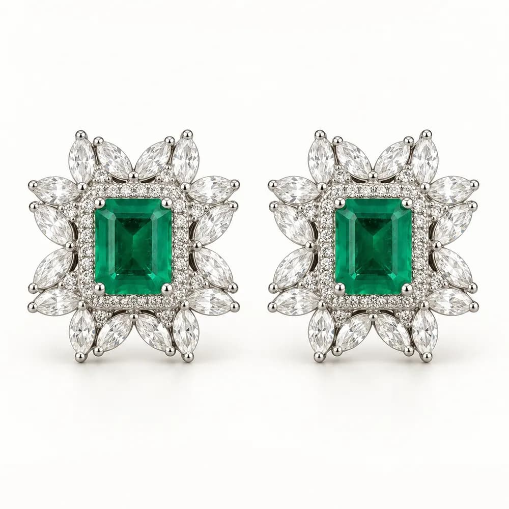 Royal Emerald Marquise Cluster Moissanite Stud Earrings