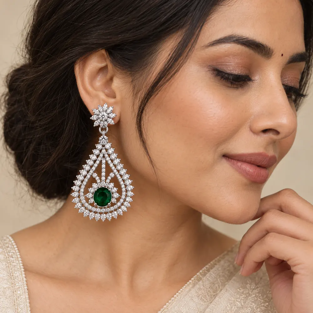 Royal Emerald Open Teardrop Moissanite Earrings — second view