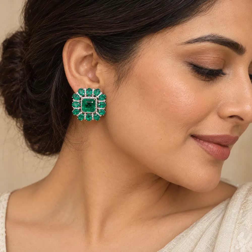 Royal Emerald Square Floral Moissanite Stud Earrings — second view