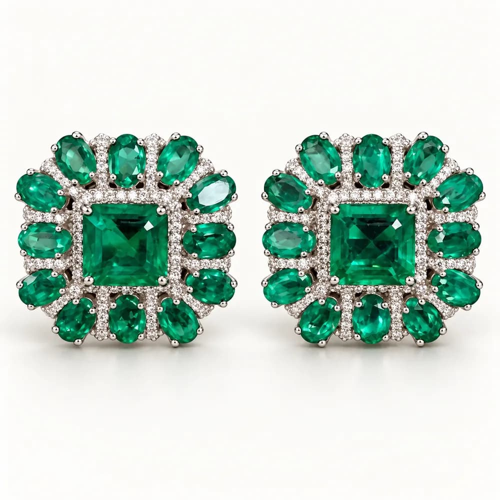 Royal Emerald Square Floral Moissanite Stud Earrings
