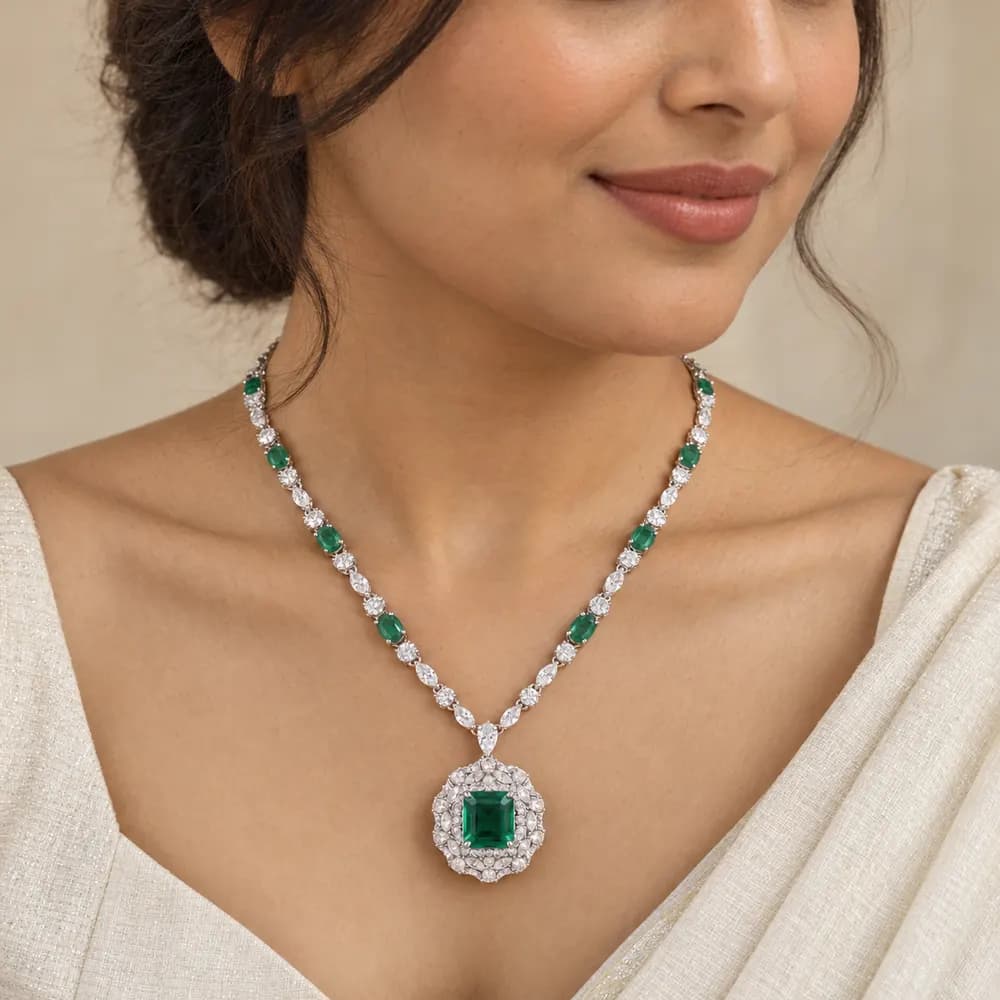 Royal Emerald Square Halo Moissanite Pendant Necklace — second view