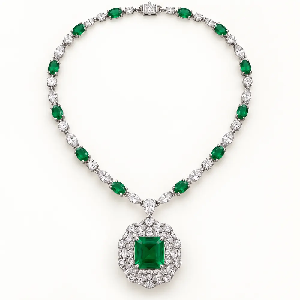Royal Emerald Square Halo Moissanite Pendant Necklace
