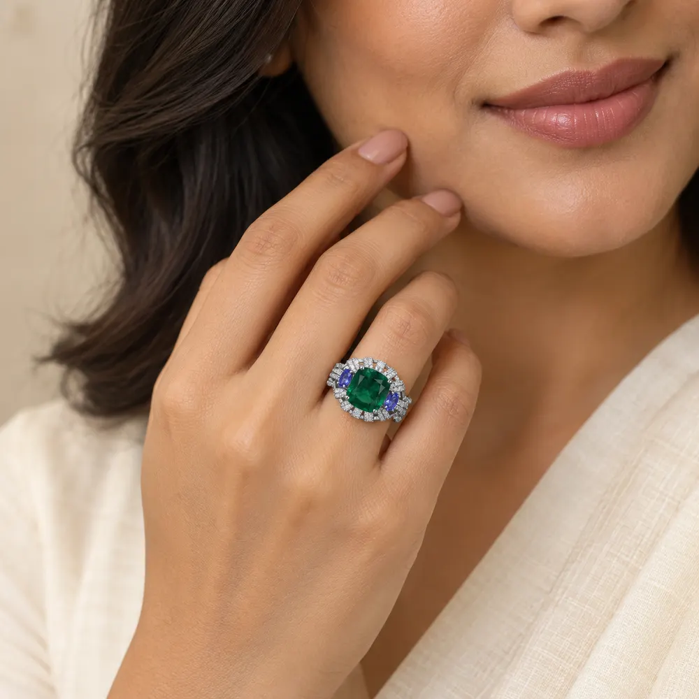 Royal Green Cushion Lattice Moissanite Ring — second view