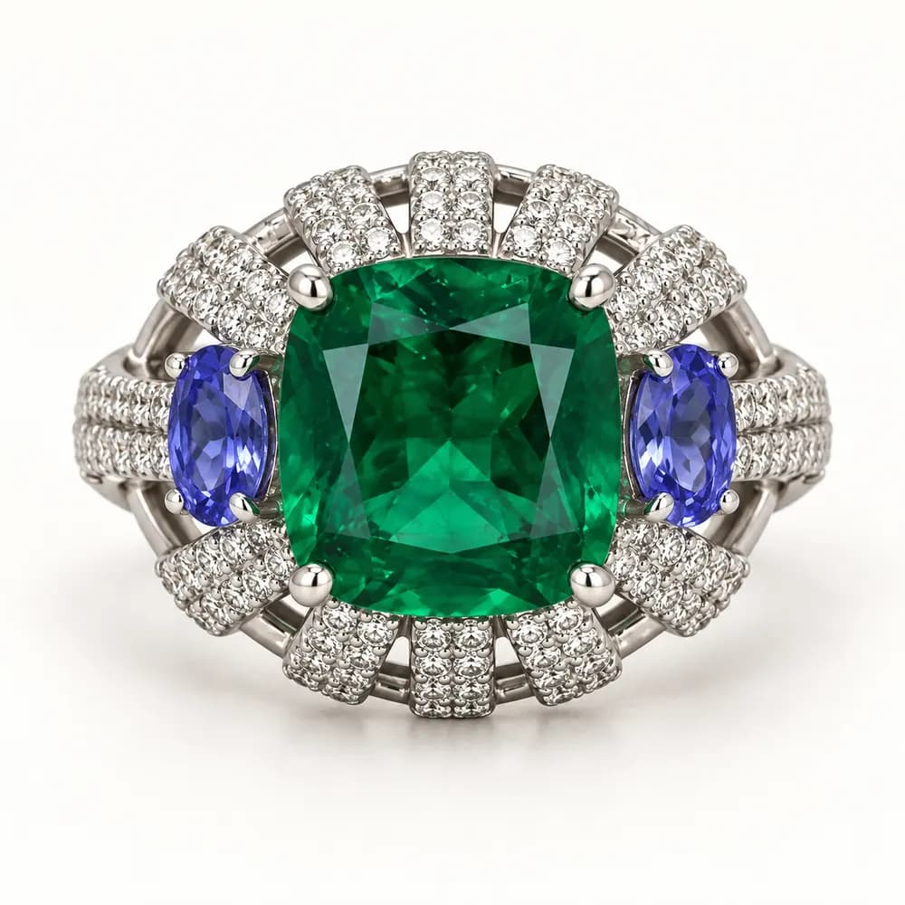 Royal Green Cushion Lattice Moissanite Ring