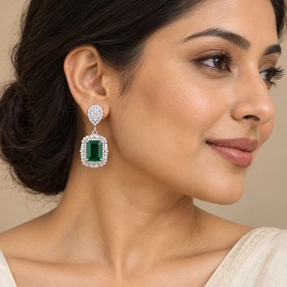 Royal Rectangular Emerald Moissanite Drop Earrings — second view