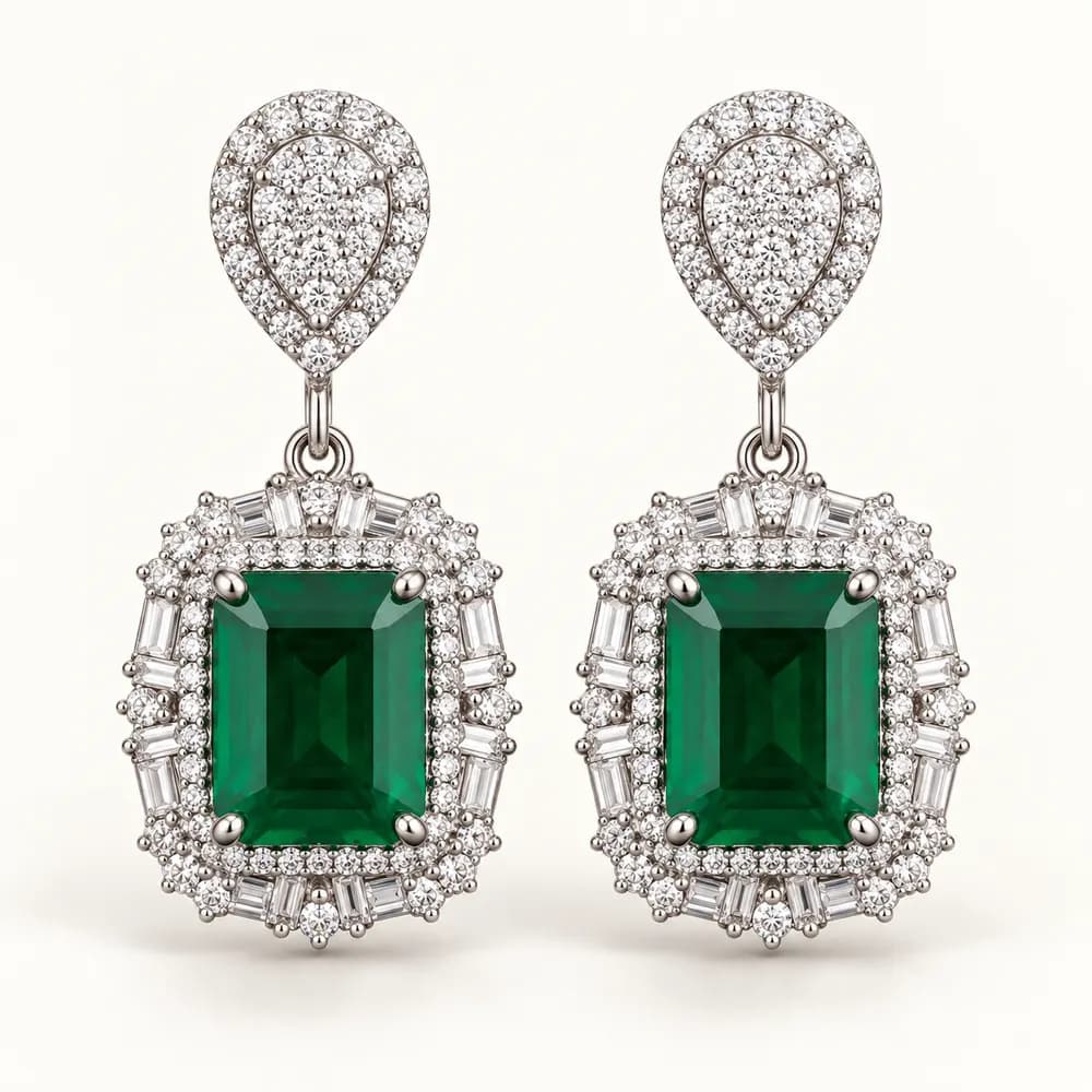 Royal Rectangular Emerald Moissanite Drop Earrings
