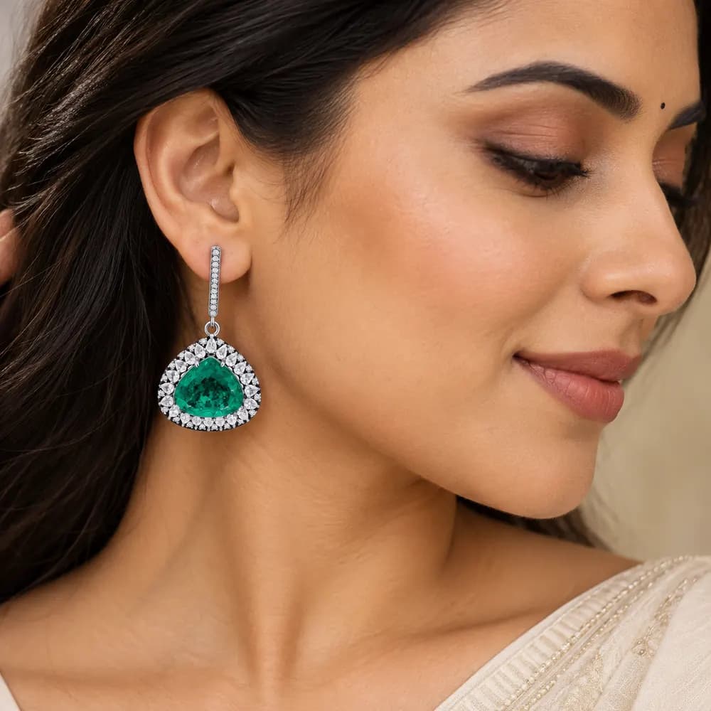 Royal Russian Emerald Shield Moissanite Drop Earrings — second view