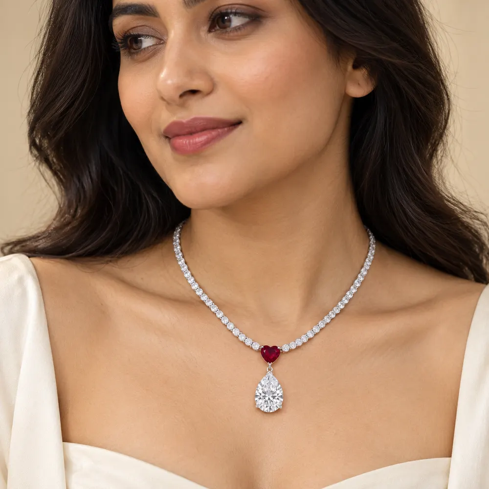Ruby Heart and White Pear Moissanite Pendant Necklace — second view