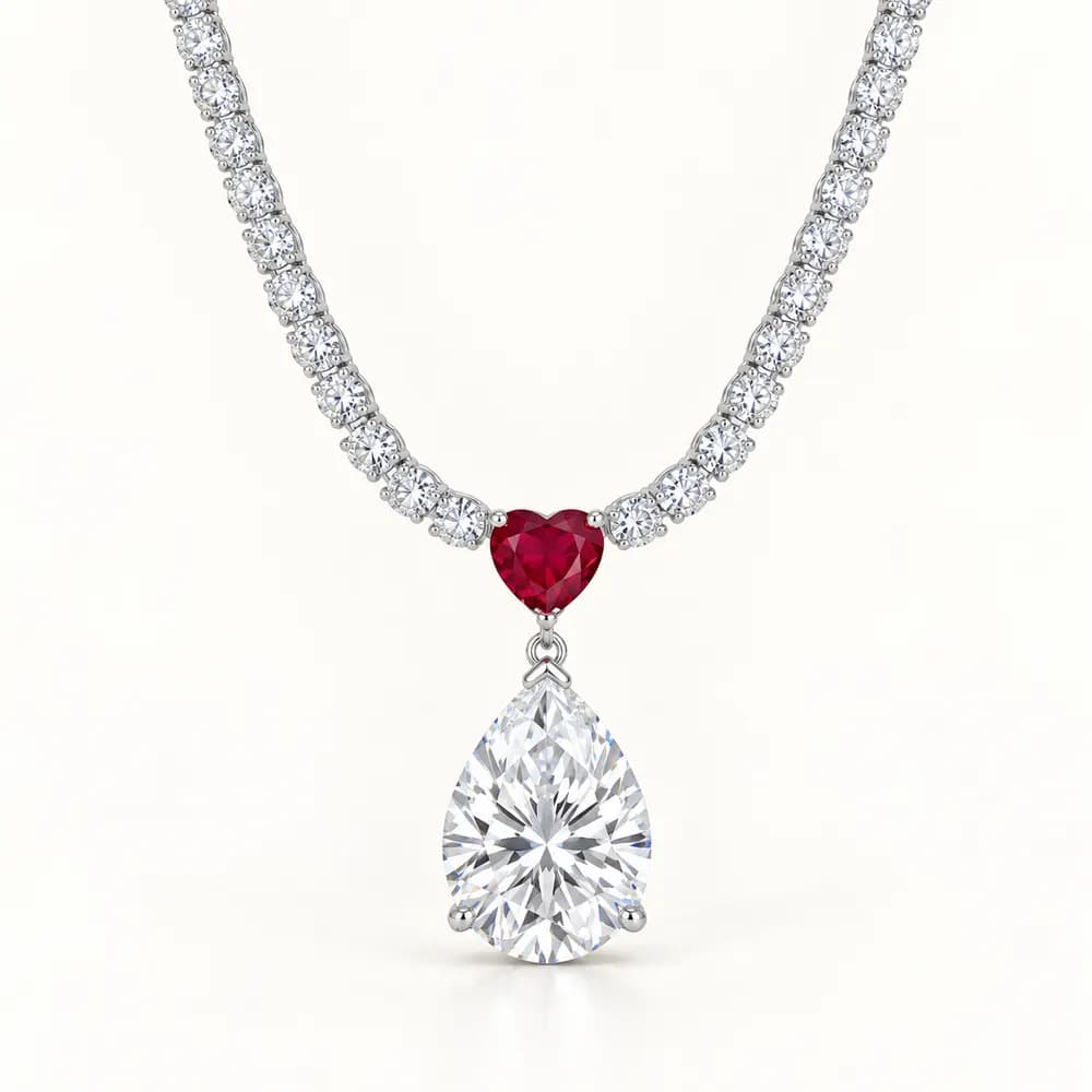 Ruby Heart and White Pear Moissanite Pendant Necklace