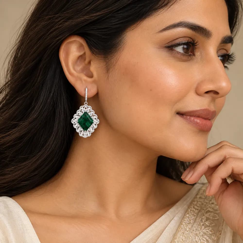 Russian Emerald Filigree Moissanite Drop Earrings — second view