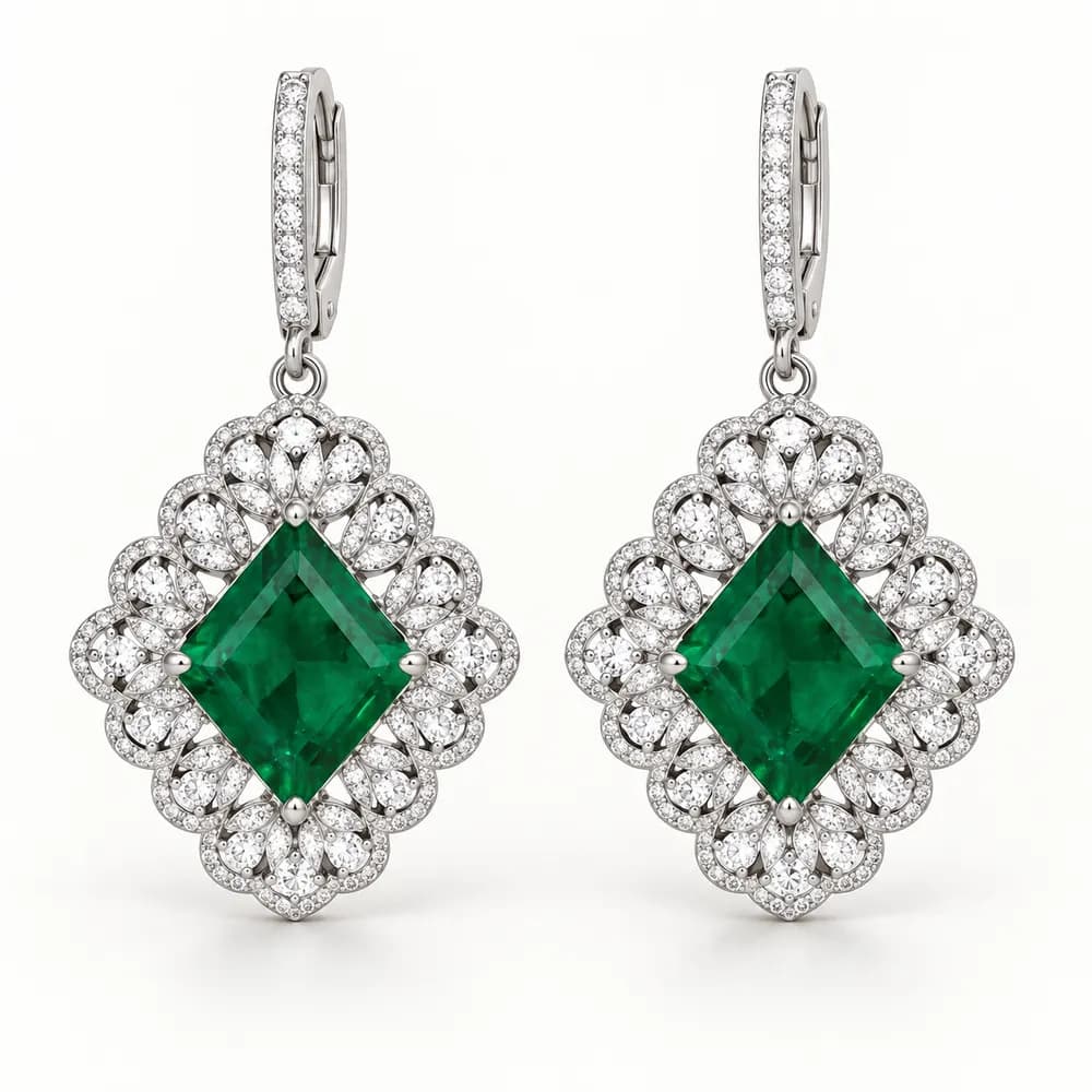 Russian Emerald Filigree Moissanite Drop Earrings