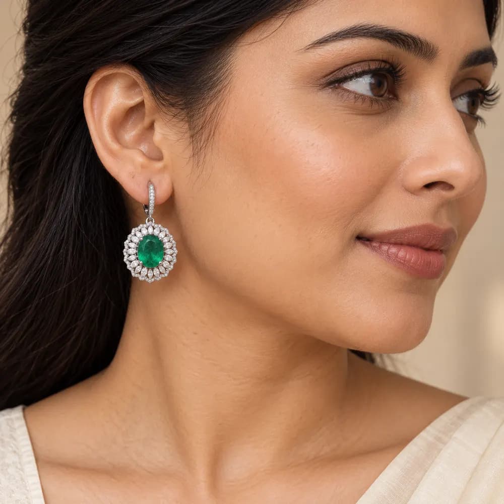 Russian Emerald Oval Halo Leverback Moissanite Earrings — second view