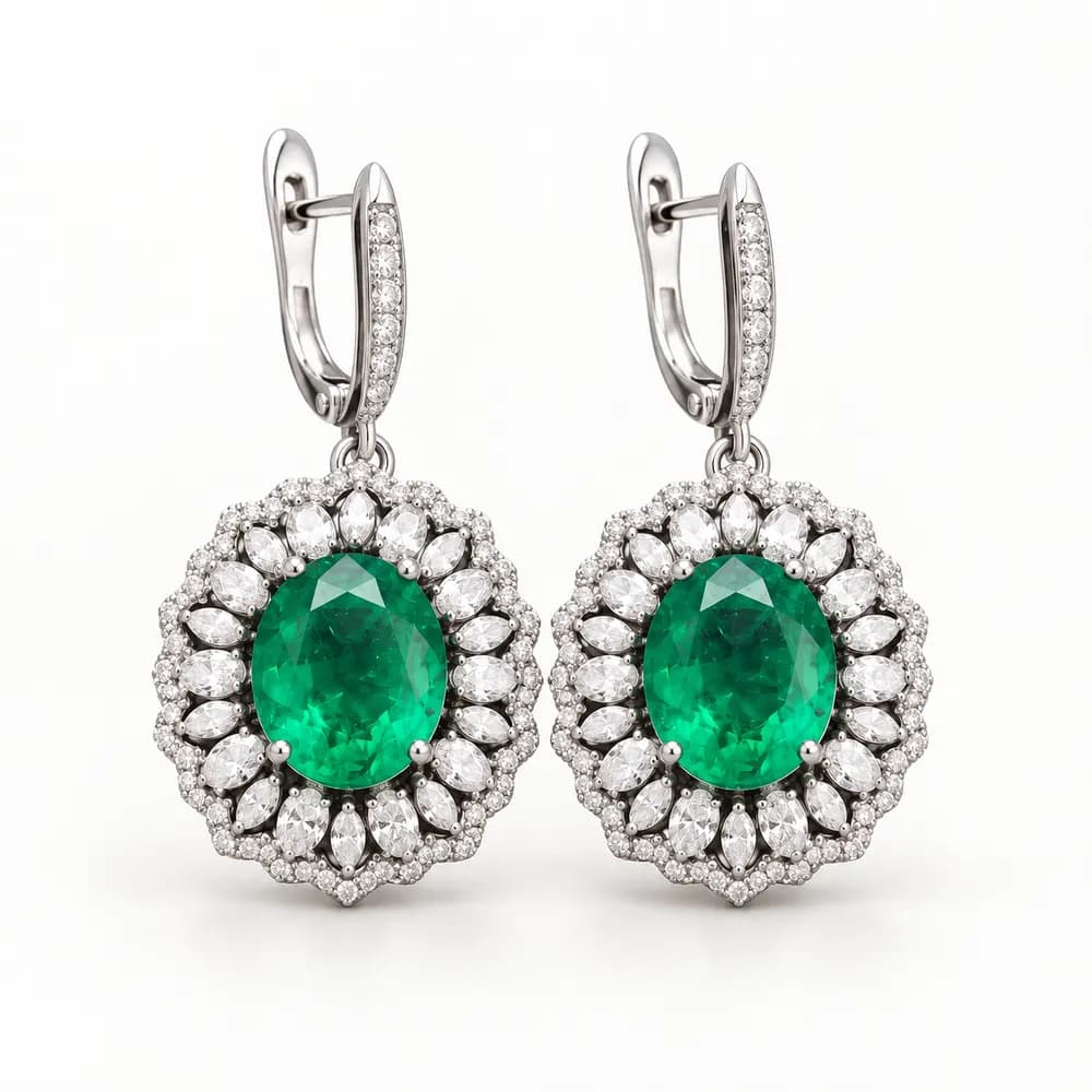 Russian Emerald Oval Halo Leverback Moissanite Earrings