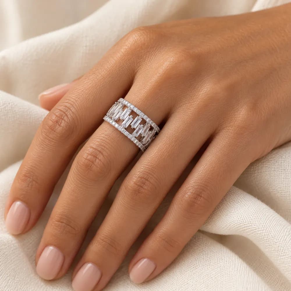 Staggered Baguette Openwork Eternity Moissanite Ring — second view