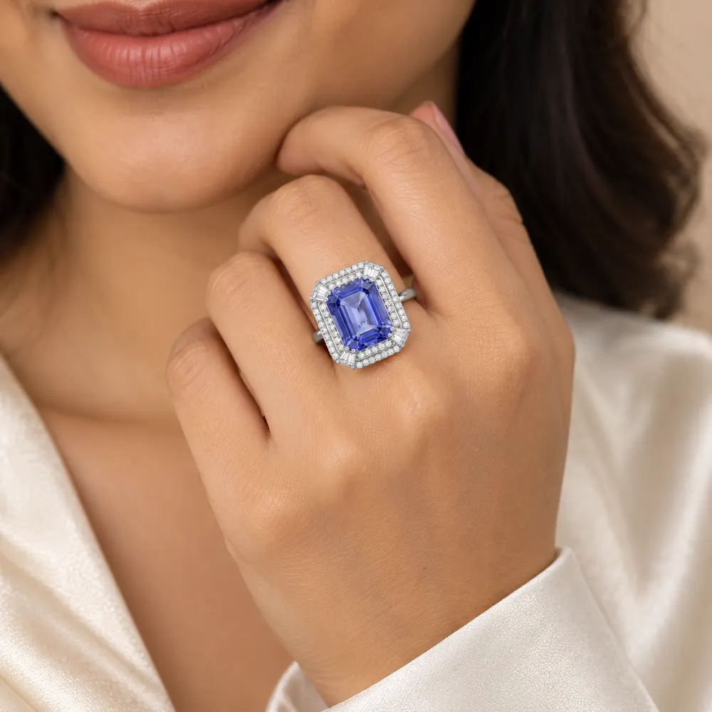 Tanzanite Rectangular Halo Moissanite Ring — second view