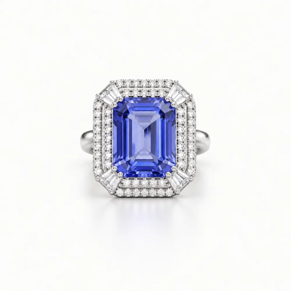 Tanzanite Rectangular Halo Moissanite Ring
