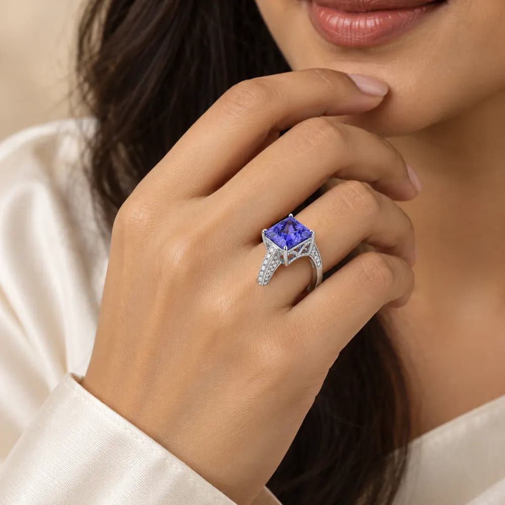 Tanzanite Square Cathedral Moissanite Ring — second view