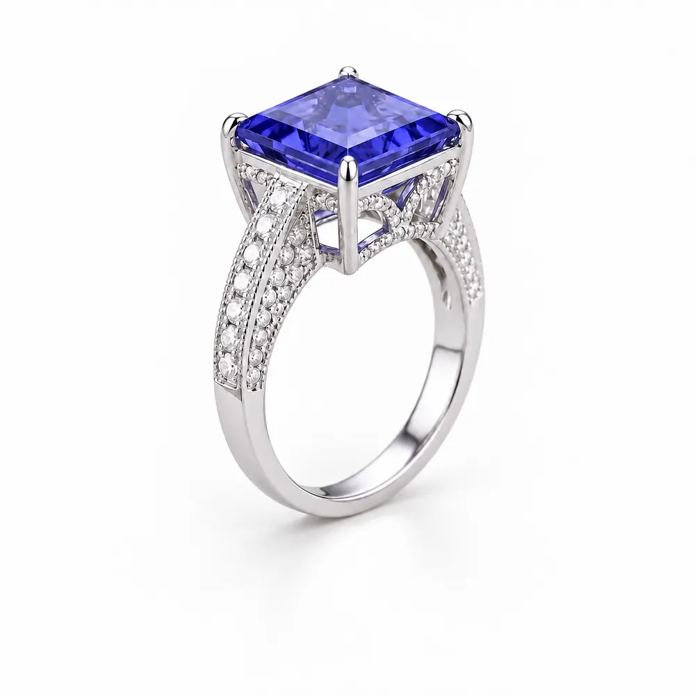 Tanzanite Square Cathedral Moissanite Ring