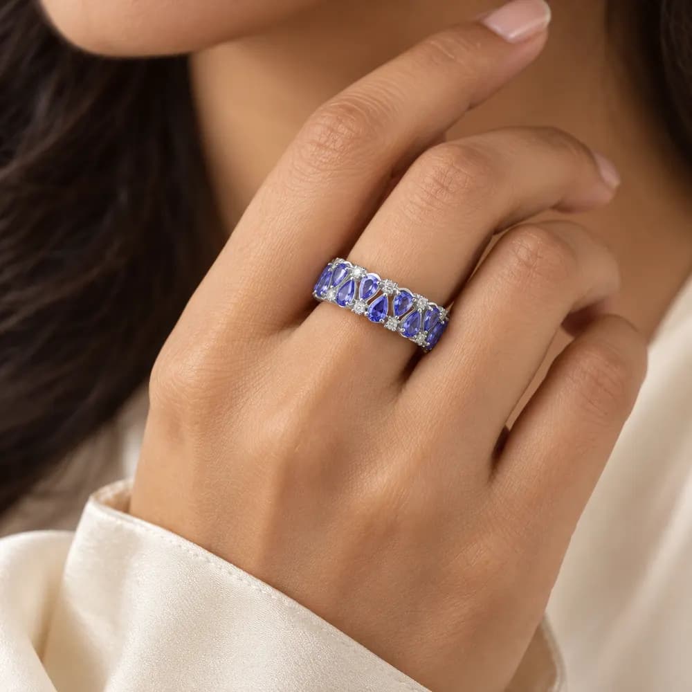 Tanzanite Style Alternating Pear Eternity Moissanite Ring — second view