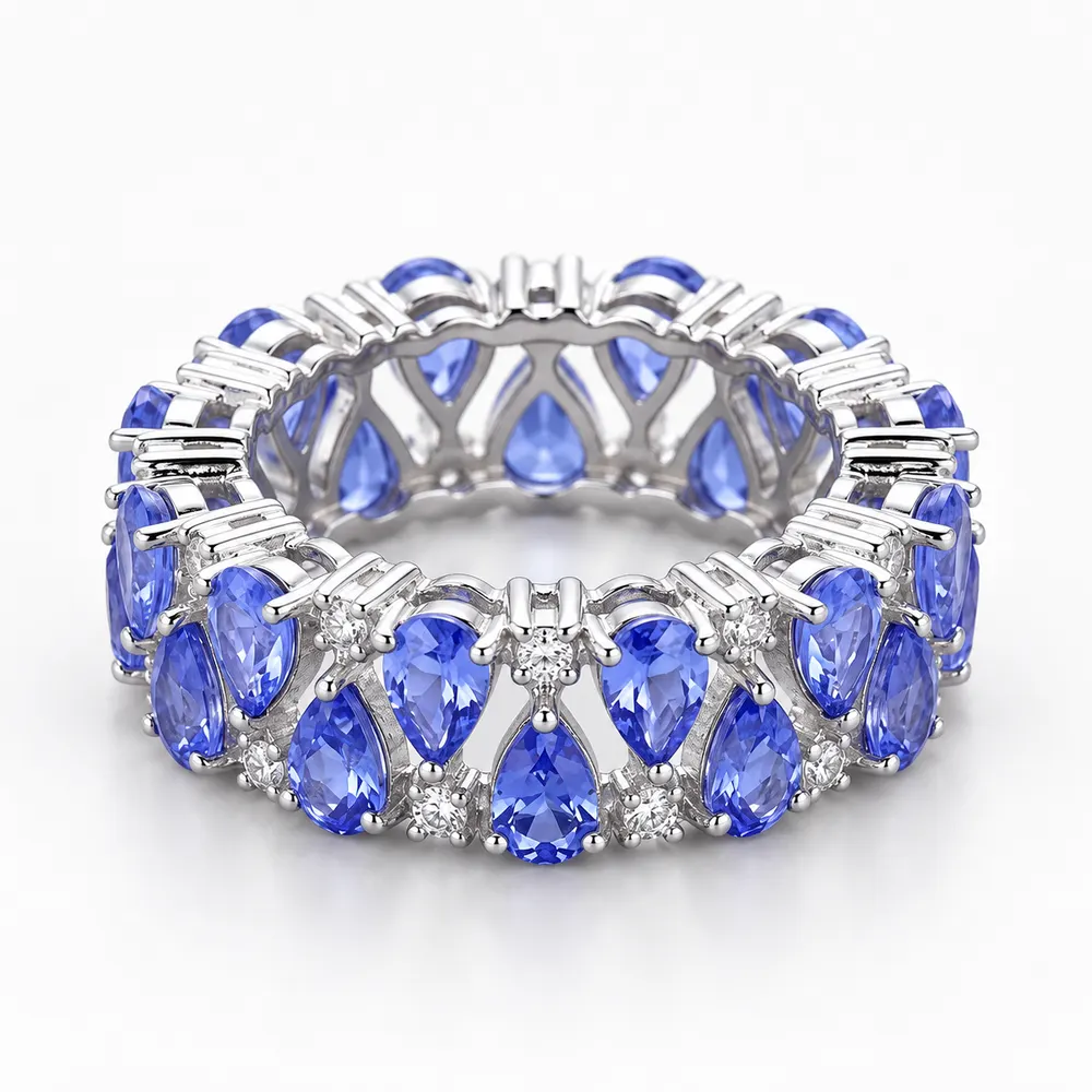 Tanzanite Style Alternating Pear Eternity Moissanite Ring