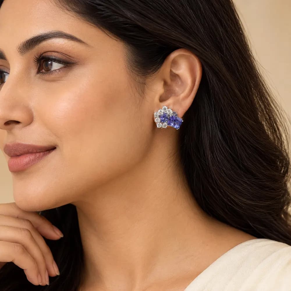 Tanzanite Twin-Stone Cluster Moissanite Stud Earrings — second view