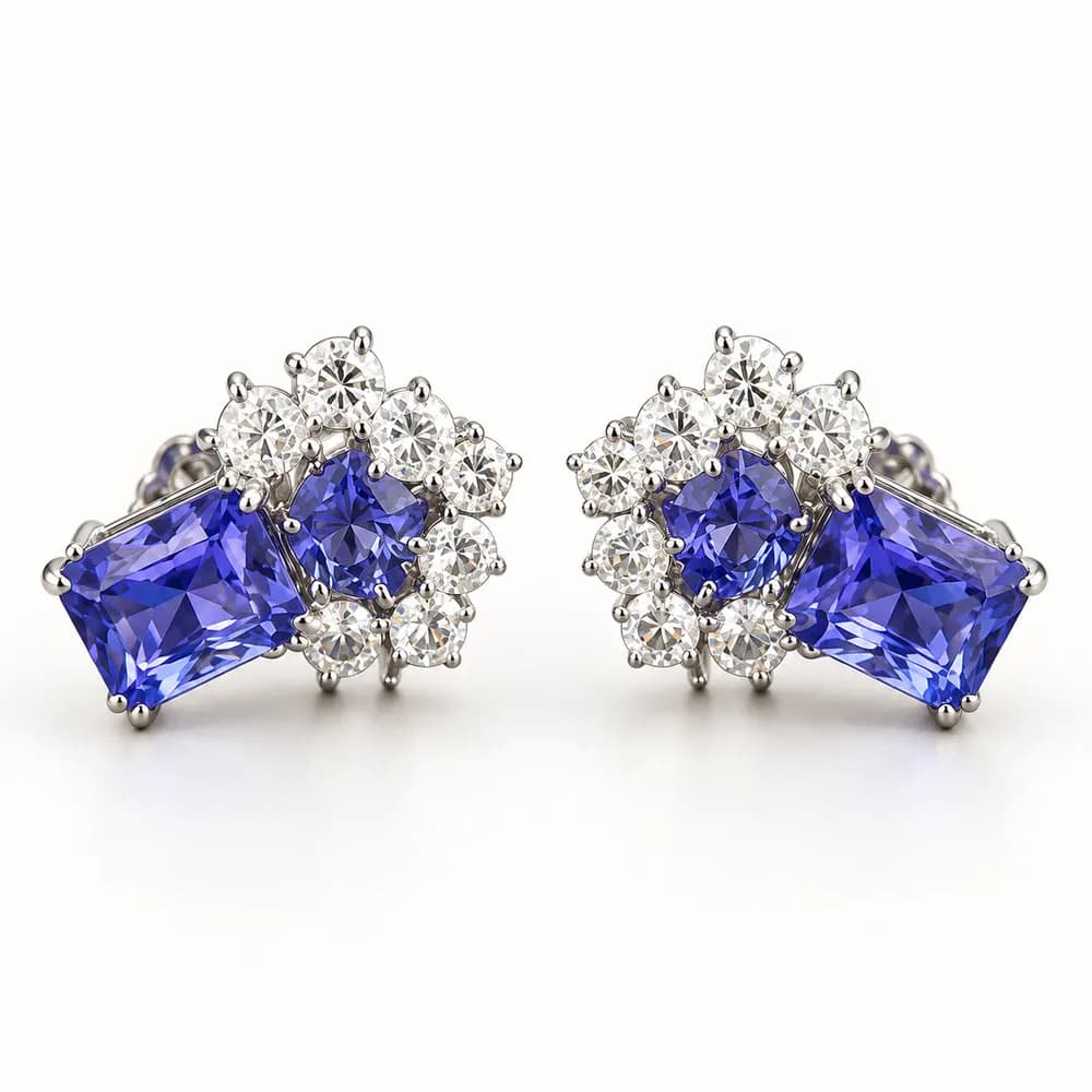 Tanzanite Twin-Stone Cluster Moissanite Stud Earrings