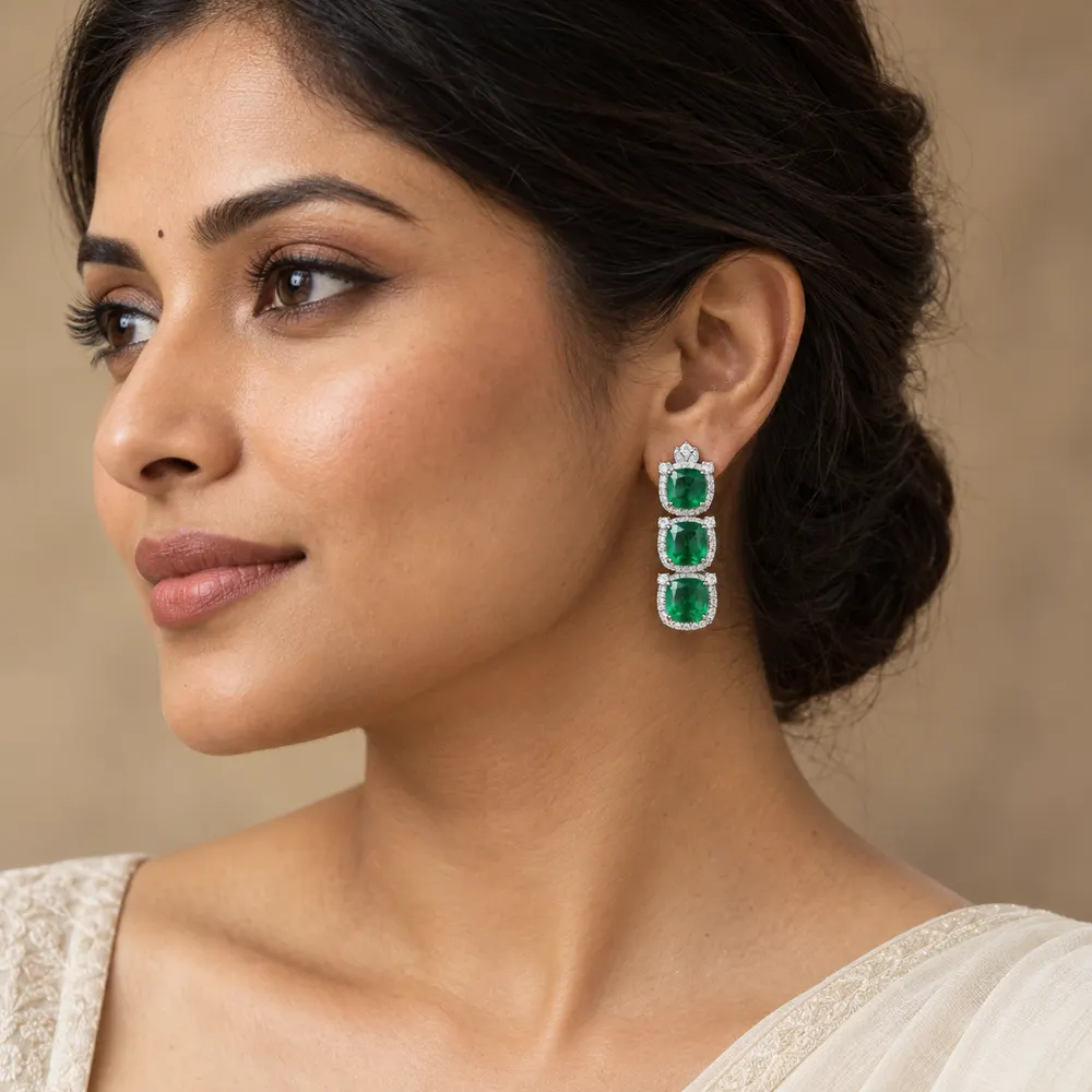 Triple Cushion Emerald Halo Moissanite Earrings — second view