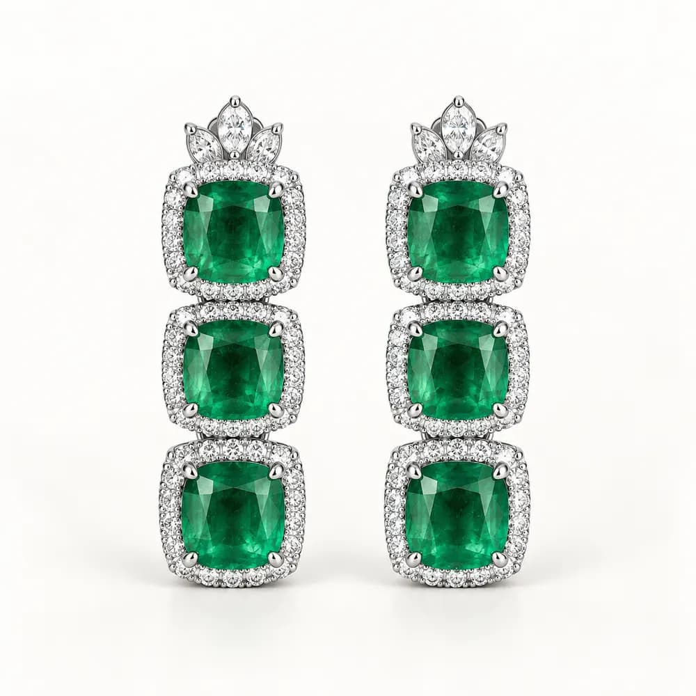 Triple Cushion Emerald Halo Moissanite Earrings