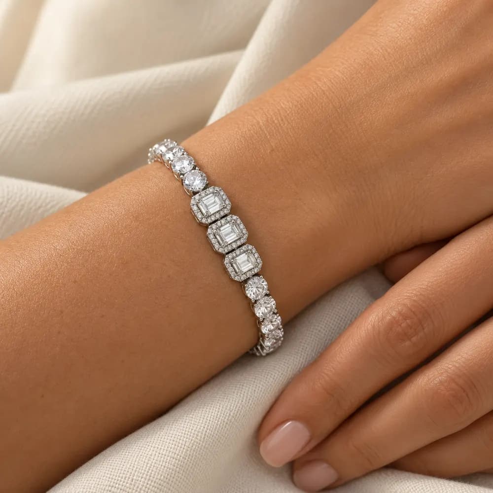 Triple Emerald Halo and Round Moissanite Tennis Bracelet — second view
