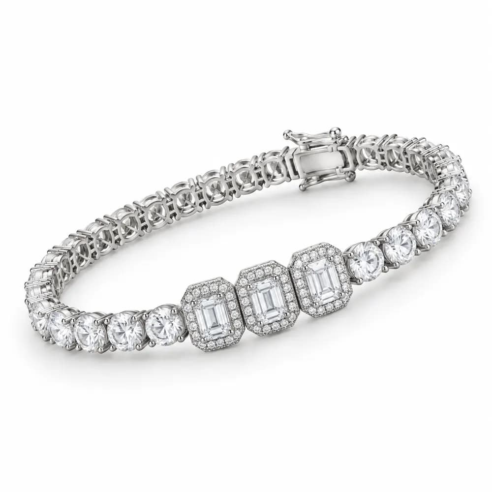 Triple Emerald Halo and Round Moissanite Tennis Bracelet