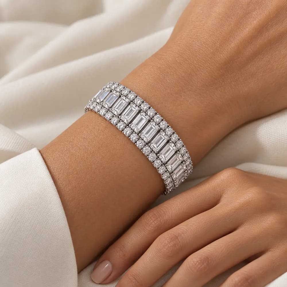 Triple-Row Baguette and Round Moissanite Bracelet — second view