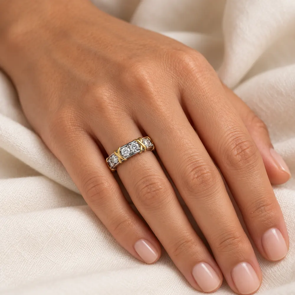 Two-Tone Cross Accent Round-Stone Moissanite Band — second view