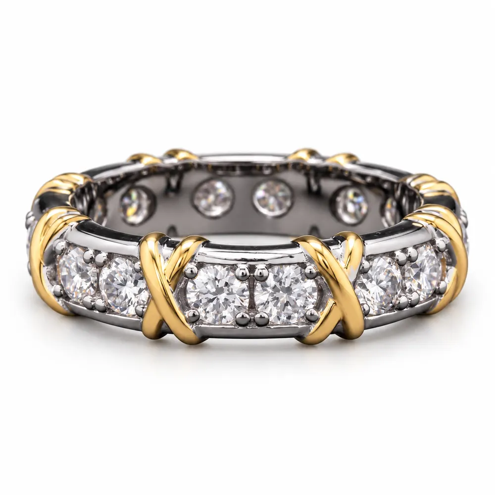 Two-Tone Cross Accent Round-Stone Moissanite Band