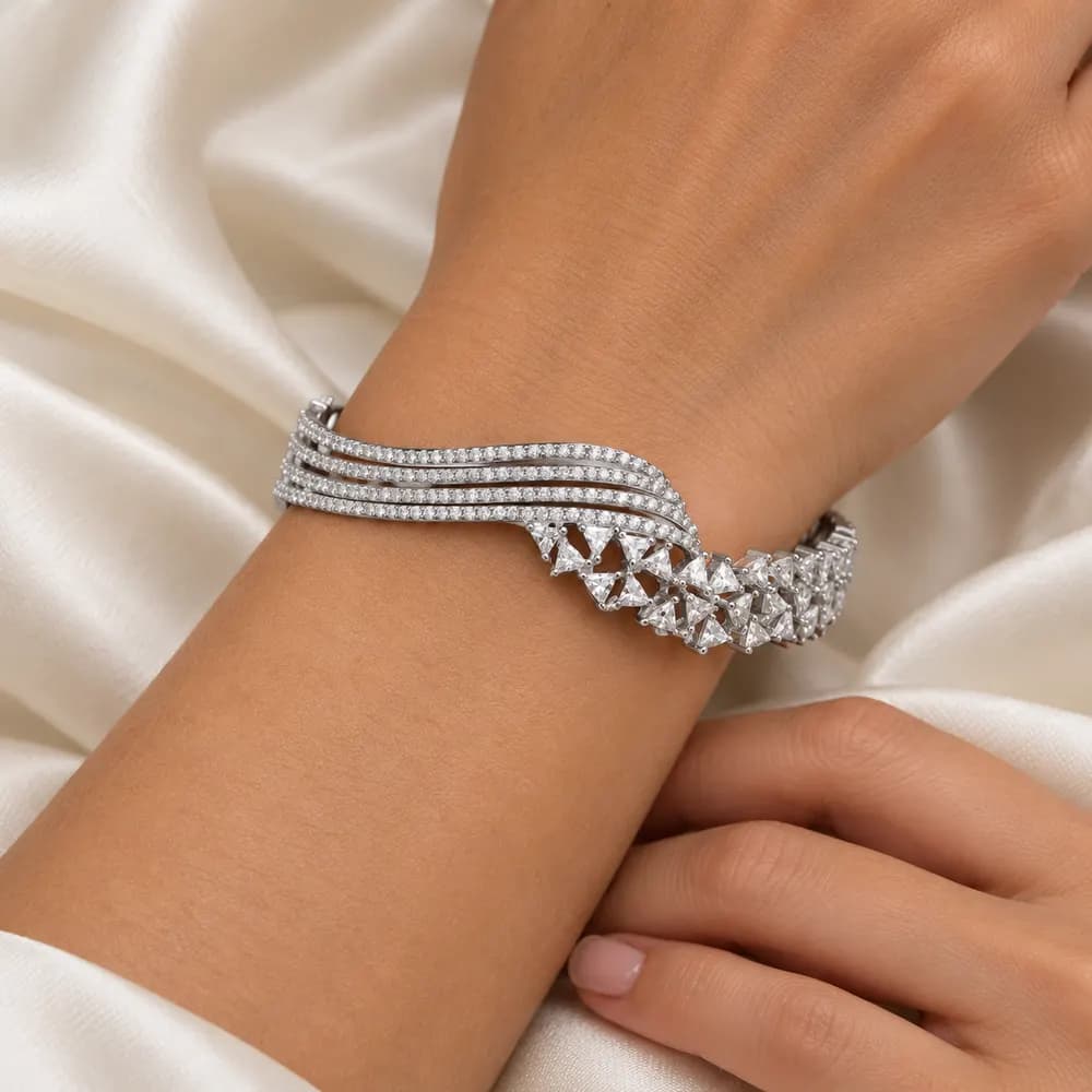 Wave and Triangle Crossover Moissanite Bangle — second view