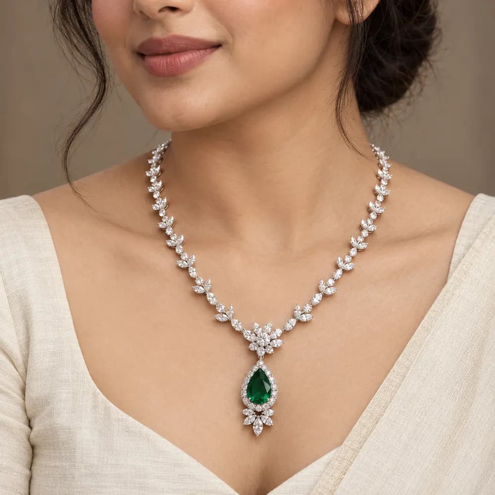White Floral Emerald Teardrop Moissanite Necklace — second view