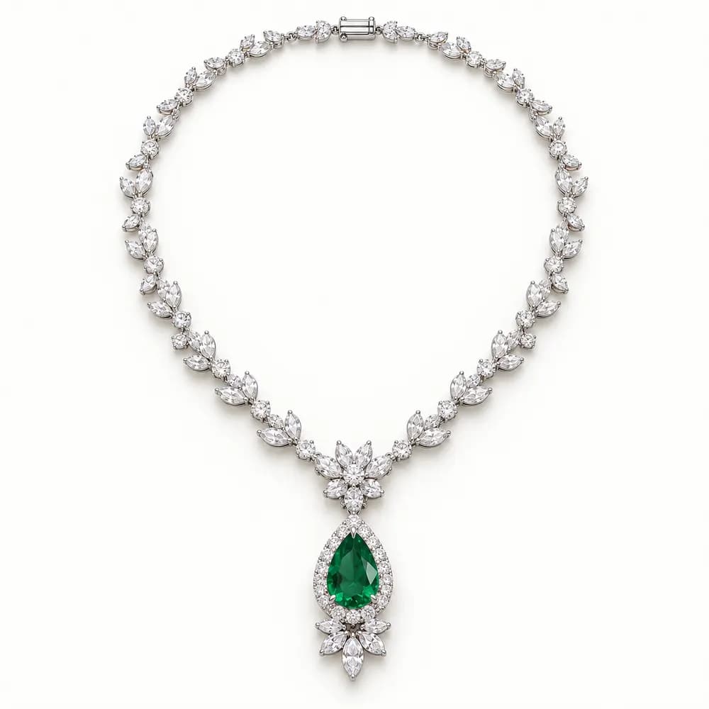 White Floral Emerald Teardrop Moissanite Necklace