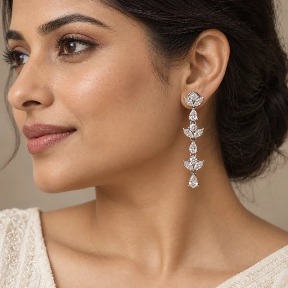 White Floral Pear Cascade Moissanite Earrings — second view