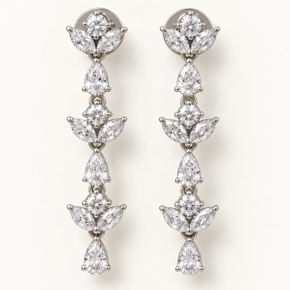 White Floral Pear Cascade Moissanite Earrings
