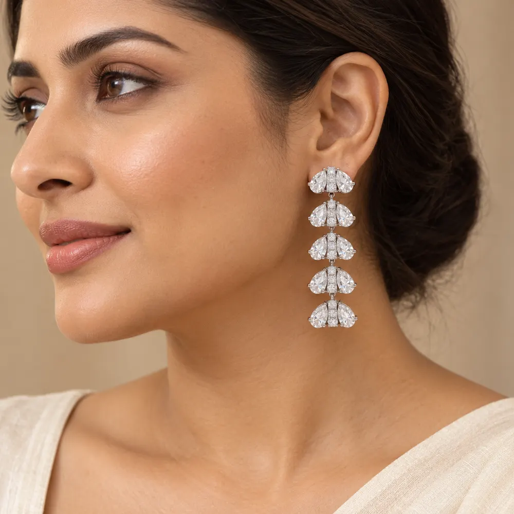 White Floral Tiered Moissanite Drop Earrings — second view