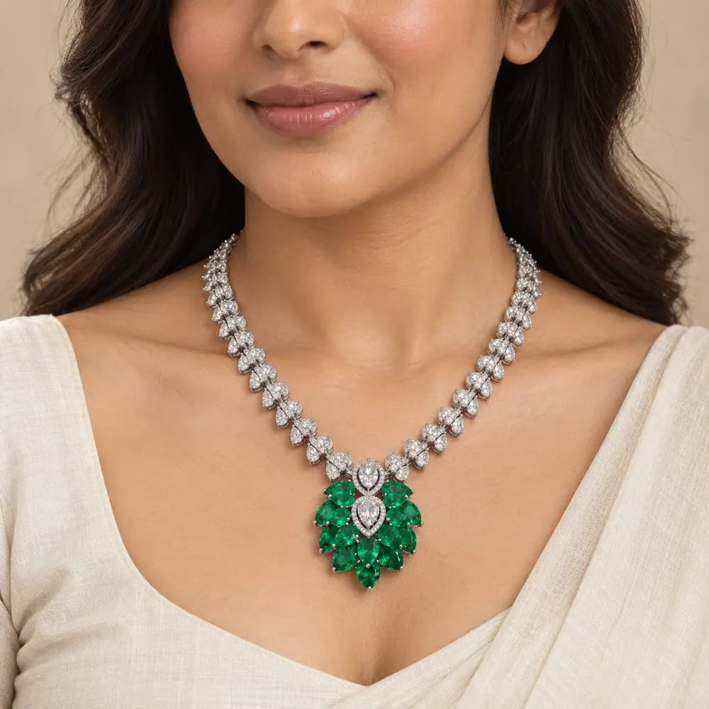White Leaf Emerald Cluster Moissanite Necklace — second view