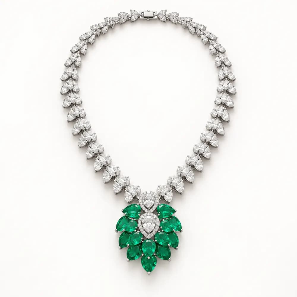 White Leaf Emerald Cluster Moissanite Necklace