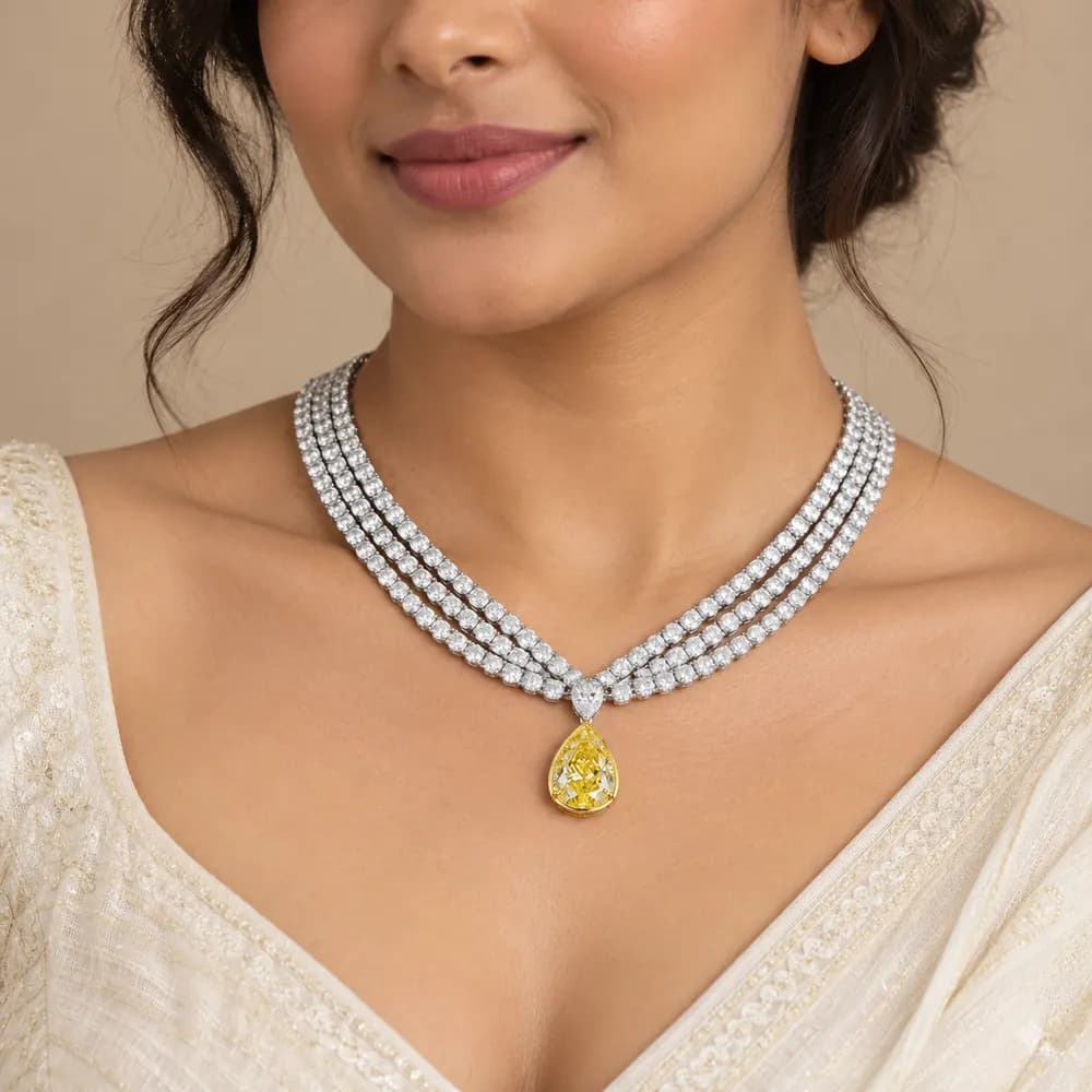 Yellow Teardrop Multi Row Moissanite Necklace — second view