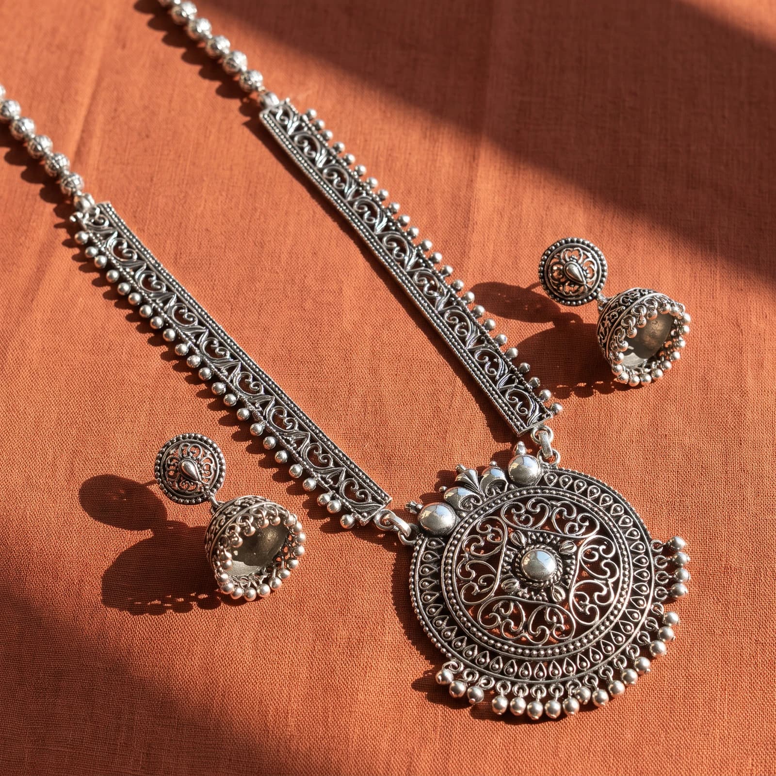 Oxidised Silver Necklace and Jhumka Earrings Set for Women