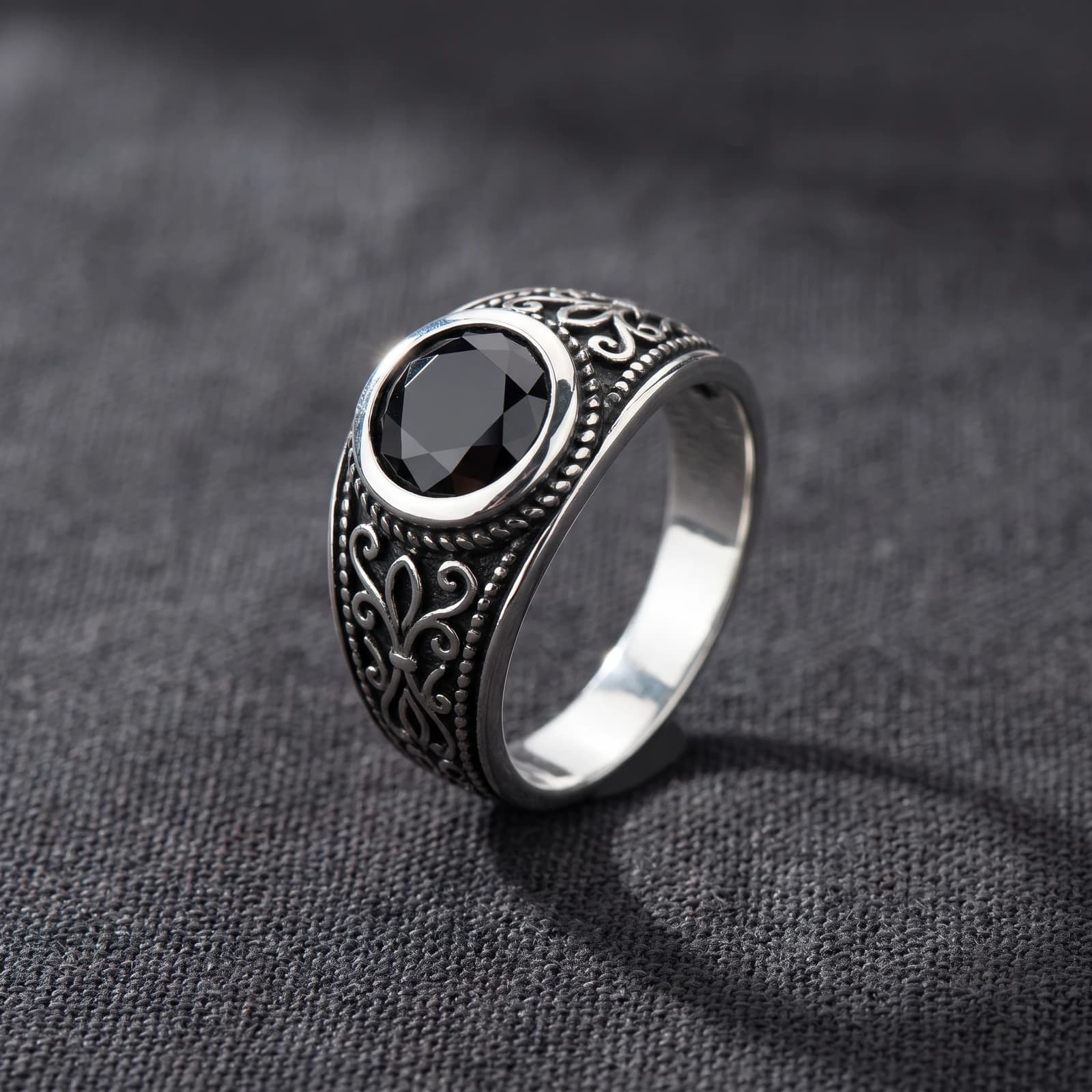 Turkish-Style Oxidised Silver Ring for Men · Black CZ