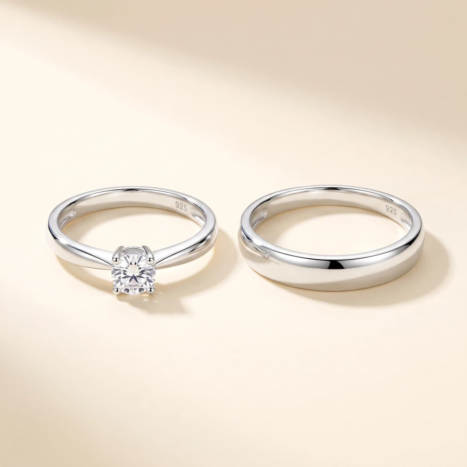 925 Silver Couple Band Rings · CZ Solitaire + Plain Pair