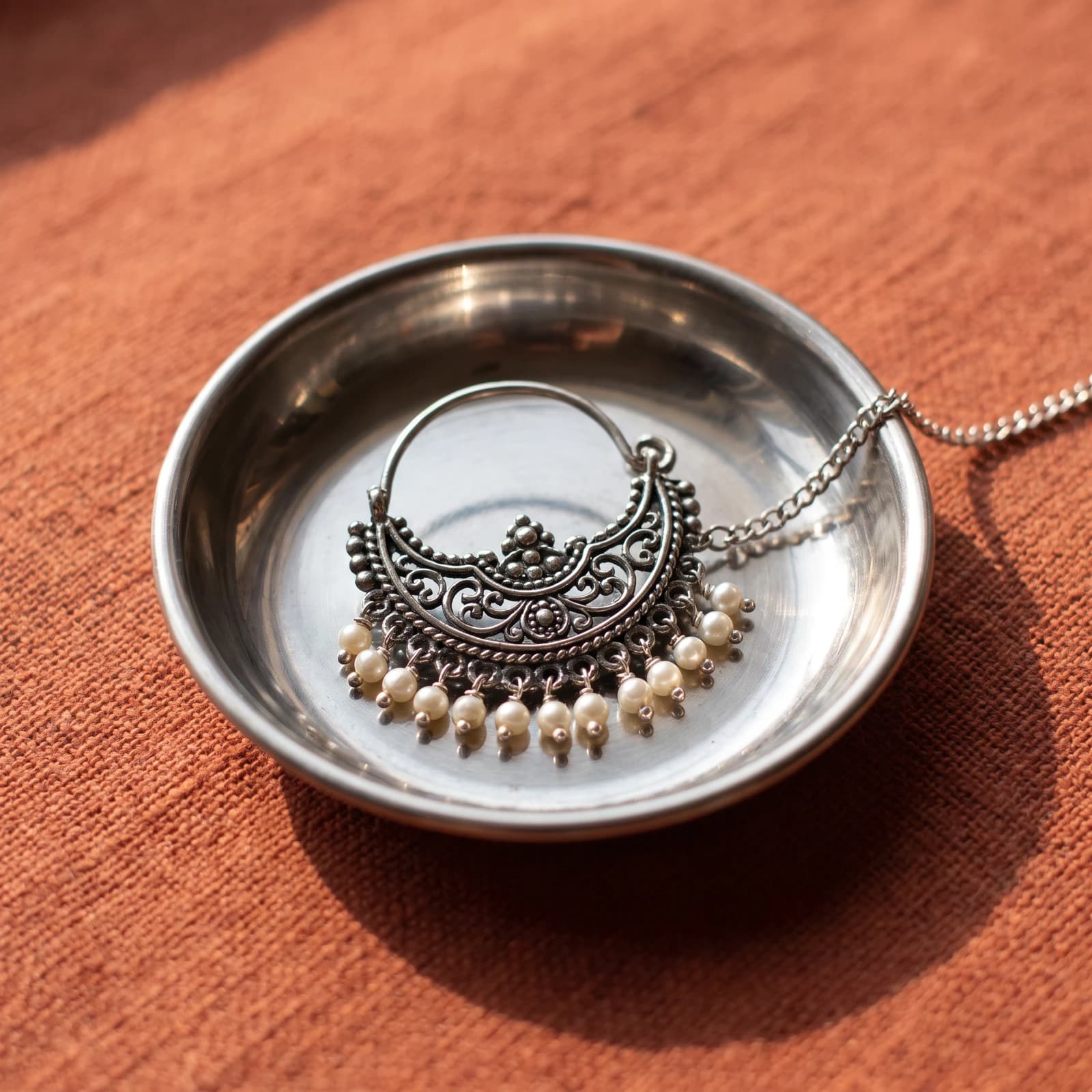 Oxidised Silver Bridal Nath · Large Nose Ring with Chain